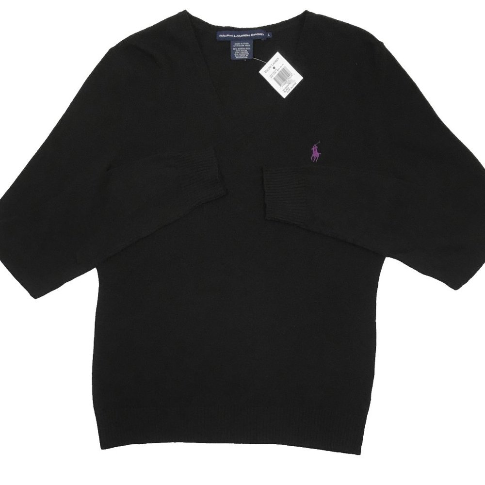 NEW Vintage Polo Ralph Lauren Sweater! Black With Purple Polo Player RUN SMALL